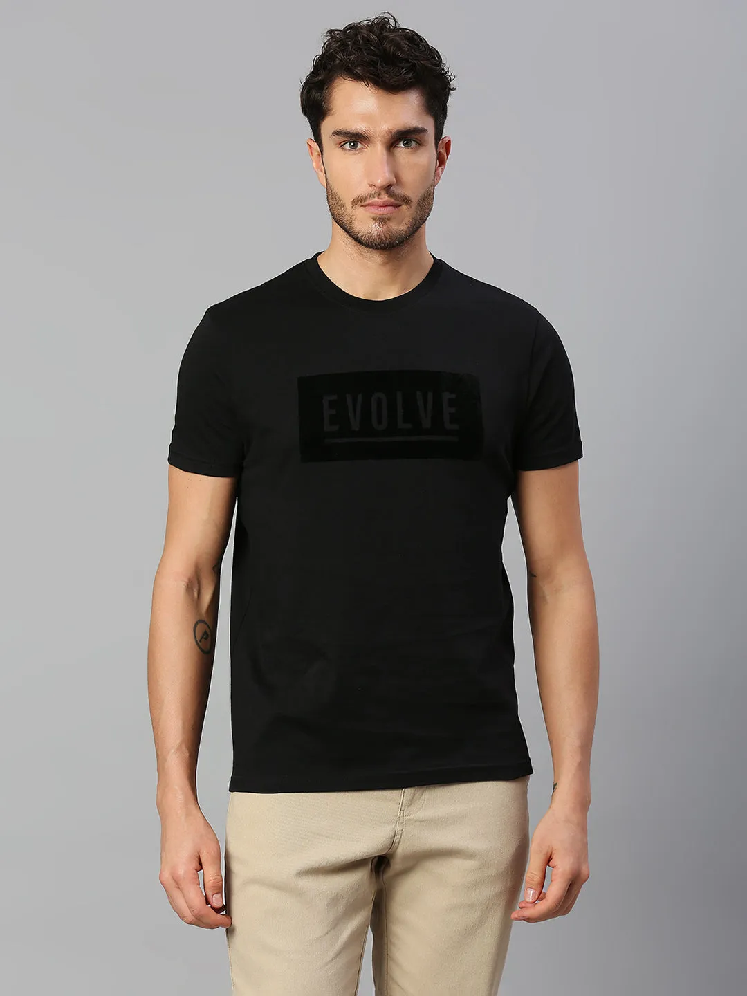 Men's Pure Cotton Printed Half Sleeves Casual T-Shirt (Black)