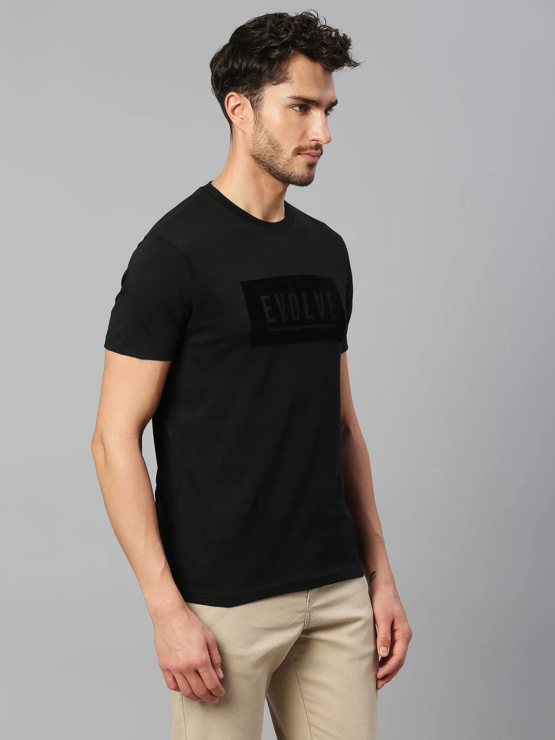 Men's Pure Cotton Printed Half Sleeves Casual T-Shirt (Black)