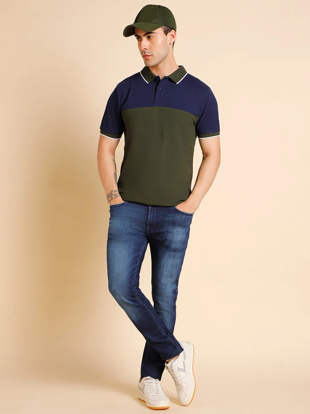 Men's Slim Fit  Colorblocked Olive Polo T-Shirt