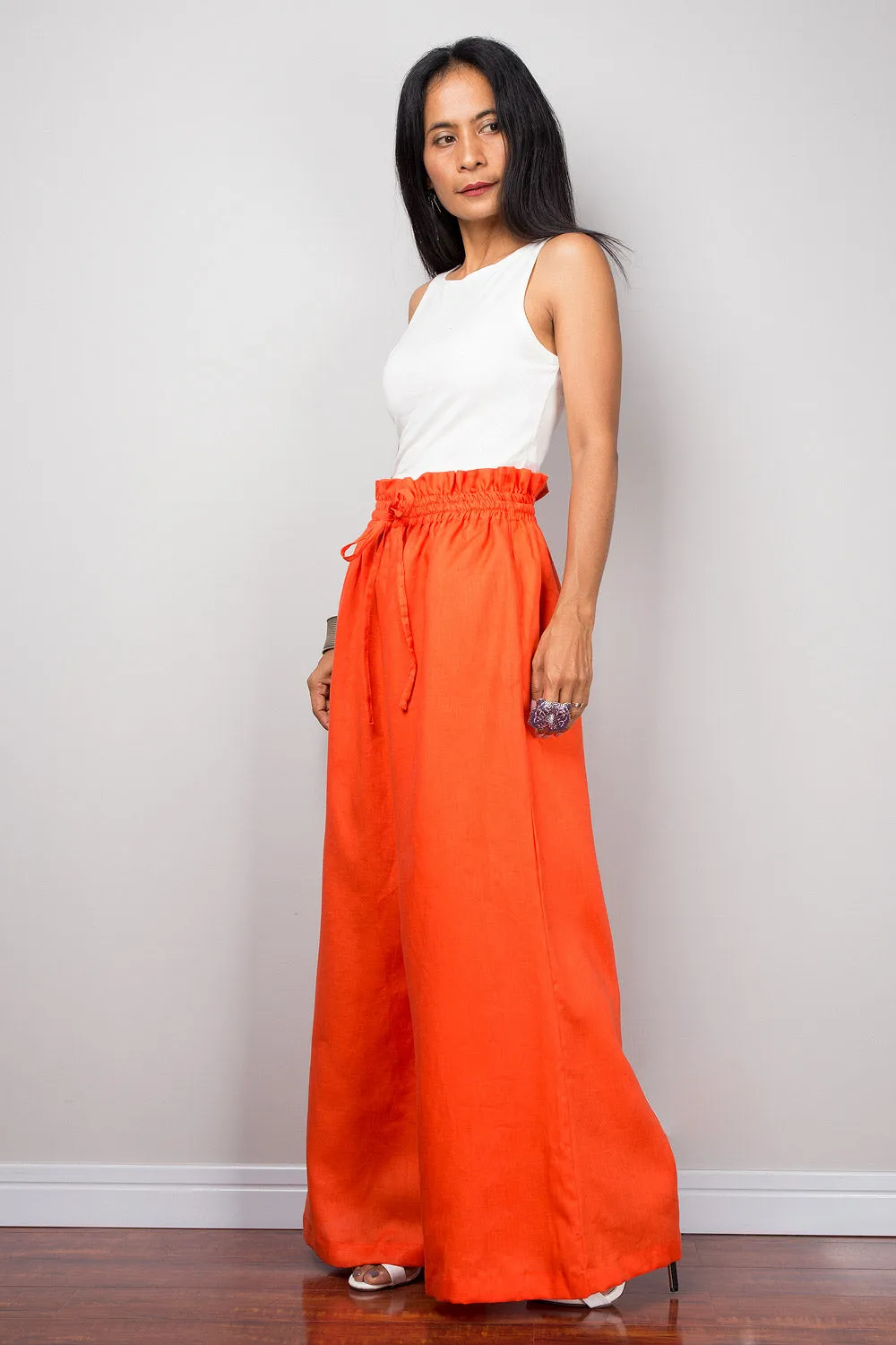 Orange linen wide leg palazzo pants