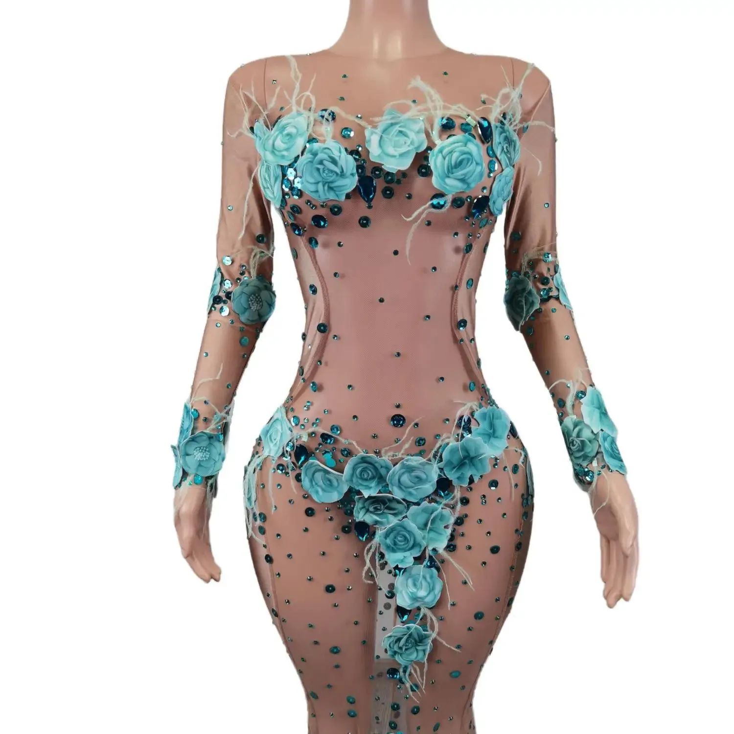 Sheer Mermaid Flower Mesh Maxi  Prom Dresses