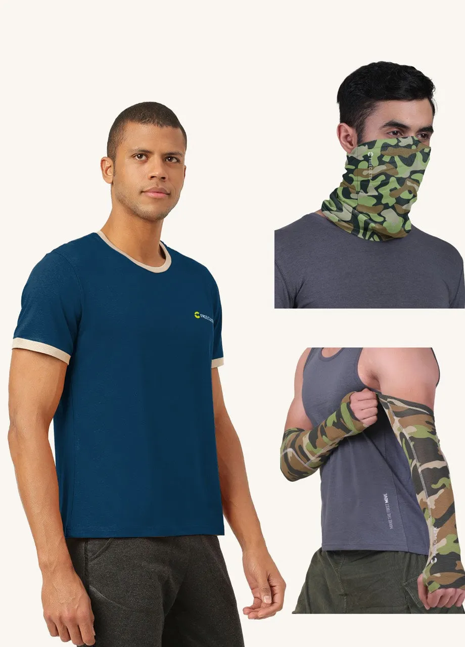Summers Essential Combo - Crew Neck T-shirt, Arm Sleeves & Bandana Mask