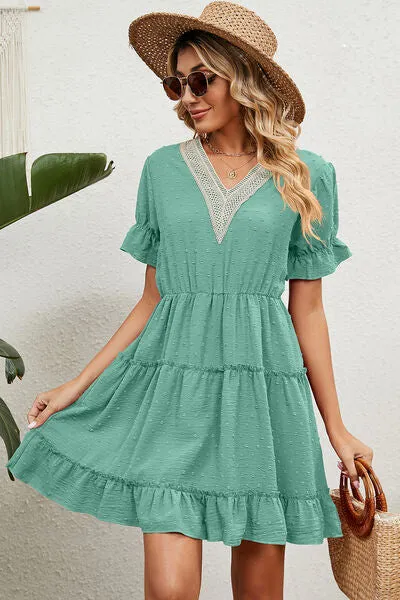 Swiss Dot V-Neck Flounce Sleeve Mini Dress