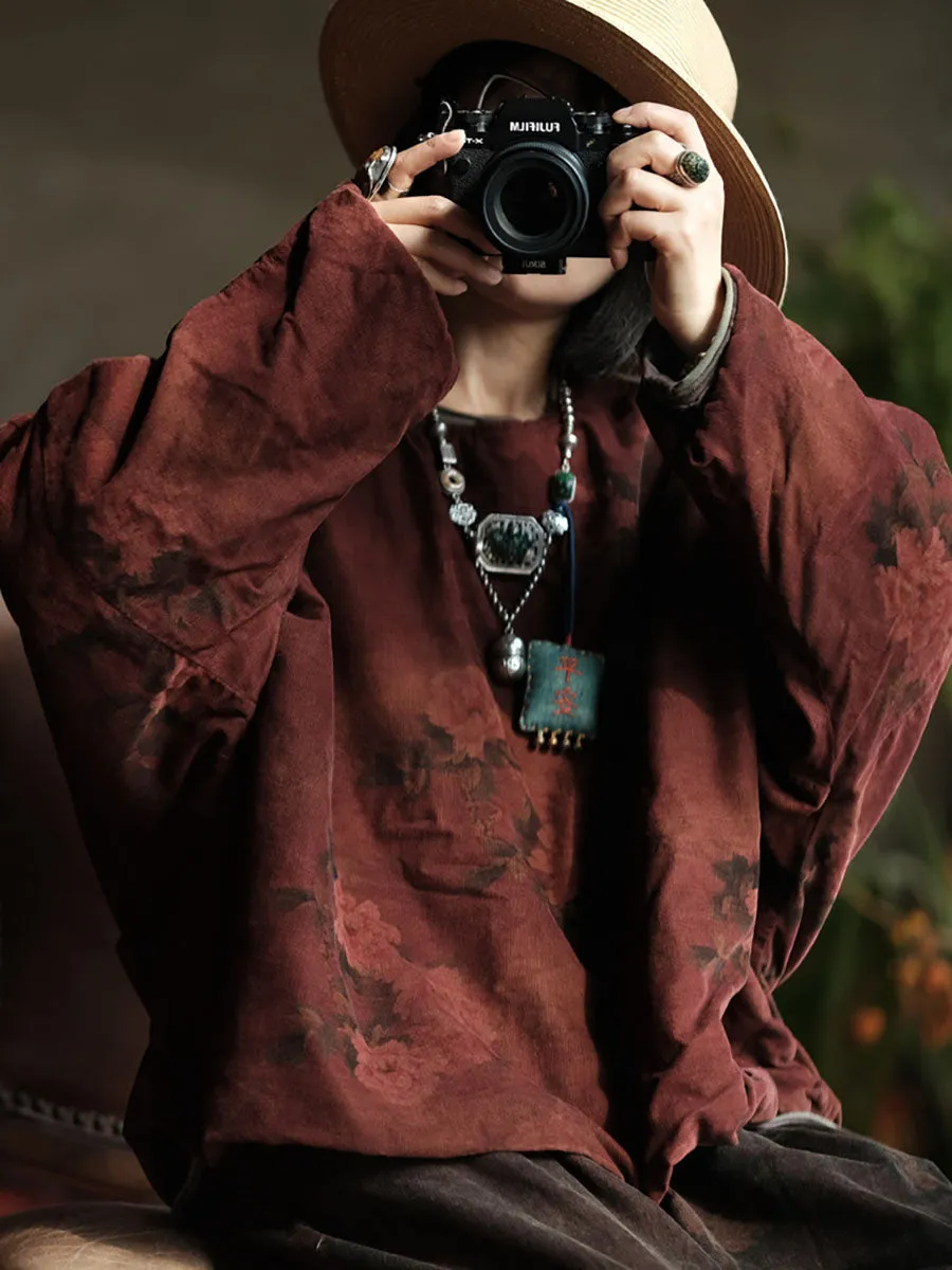 Women Autumn Ethnic Flower O-Neck 100%Cotton Padded Coat