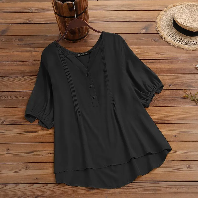 ZANZEA Women Blouse Summer Short Sleeve Shirts Elegant Solid Cotton Tops Tees Kimono Casual Loose Holiday Blusa Chemise Oversize S4635778