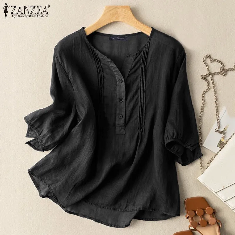 ZANZEA Women Blouse Summer Short Sleeve Shirts Elegant Solid Cotton Tops Tees Kimono Casual Loose Holiday Blusa Chemise Oversize S4635778